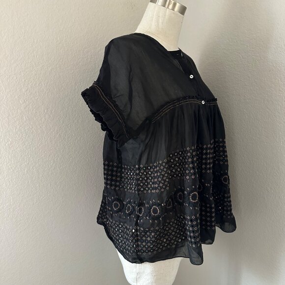 Max & Studio Crew Neck Blouse Slouchy Short Sleeve Ruffle Embroidered Eyelet Min - Picture 3 of 11
